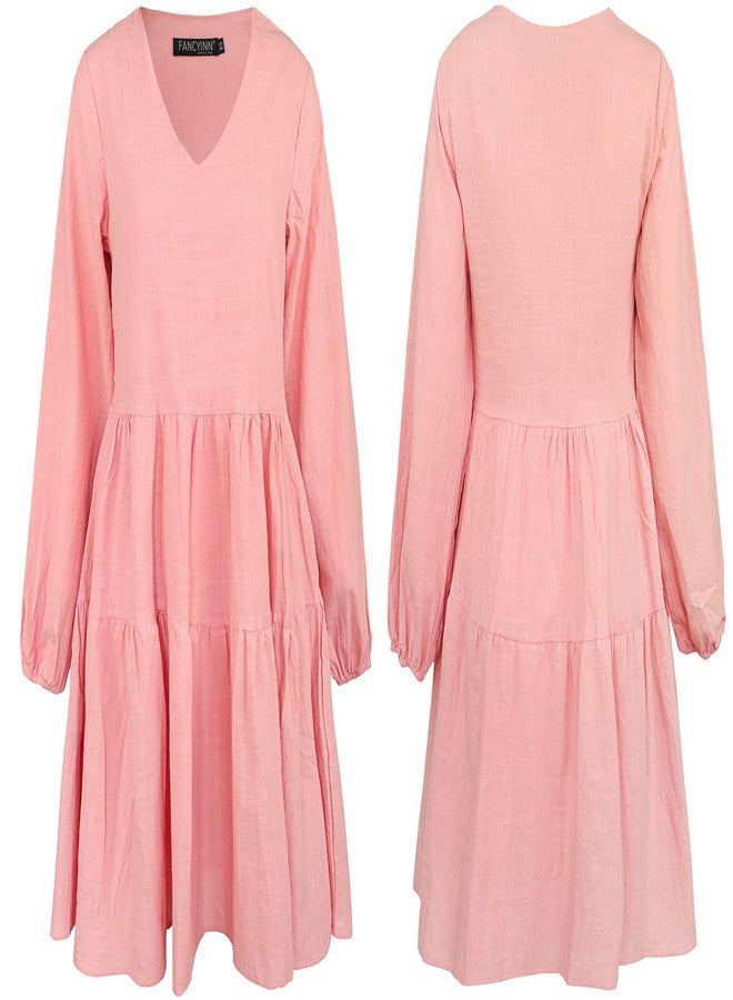 FANCYINN Long Sleeve Shift Tunic Dress Ruffle Swing Babydoll Juniors Mini Pink Ruffle Dress with Pockets Pink M - Image 5