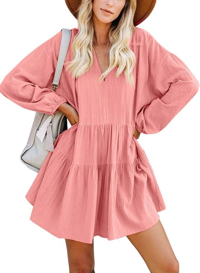 FANCYINN Long Sleeve Shift Tunic Dress Ruffle Swing Babydoll Juniors Mini Pink Ruffle Dress with Pockets Pink M - Image 4