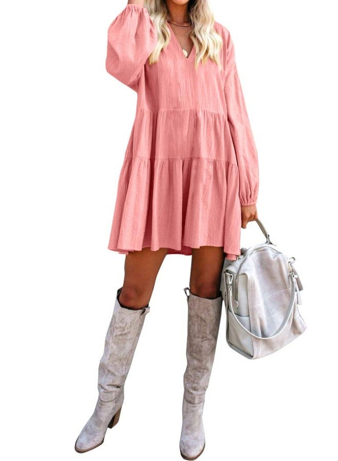 FANCYINN Long Sleeve Shift Tunic Dress Ruffle Swing Babydoll Juniors Mini Pink Ruffle Dress with Pockets Pink M - Image 3