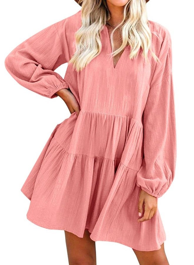 FANCYINN Long Sleeve Shift Tunic Dress Ruffle Swing Babydoll Juniors Mini Pink Ruffle Dress with Pockets Pink M - Image 1