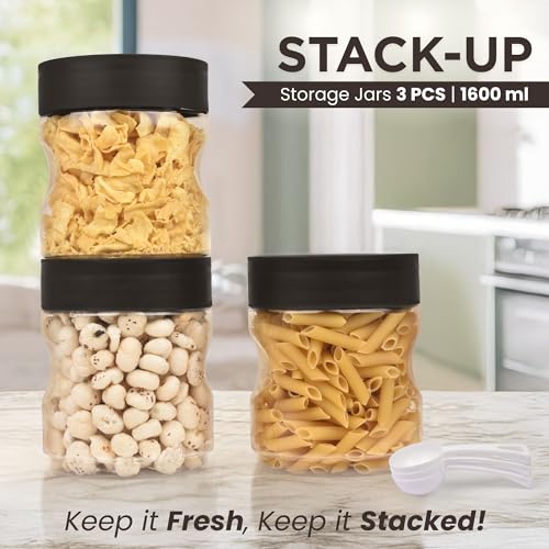 FLAIR StackUp 1600 ML Storage Jars Set of 3 (BROWN) – Airtight Lid, Stackable PET Storage Jars for Kitchen Storage – Perfect for Spices, Pulses, Cereals, Cookies, Dry Food & More - Image 2