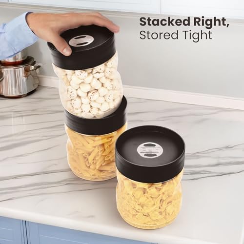 FLAIR StackUp 1600 ML Storage Jars Set of 3 (BROWN) – Airtight Lid, Stackable PET Storage Jars for Kitchen Storage – Perfect for Spices, Pulses, Cereals, Cookies, Dry Food & More - Image 5
