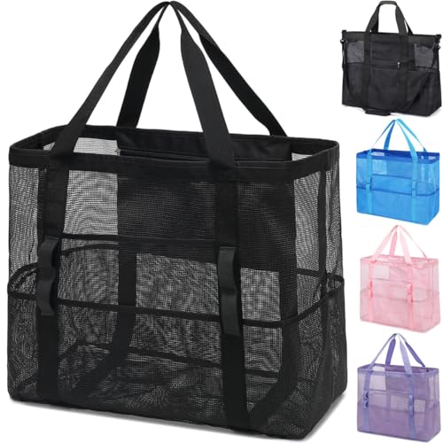 Fammart Mesh Beach Bag, Large Beach Tote with Zipper Pocket for Family Pool Bag for Toys & Vacation Essentials - Image 1