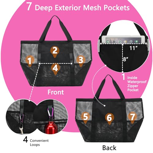 Fammart Mesh Beach Bag, Large Beach Tote with Zipper Pocket for Family Pool Bag for Toys & Vacation Essentials - Image 5