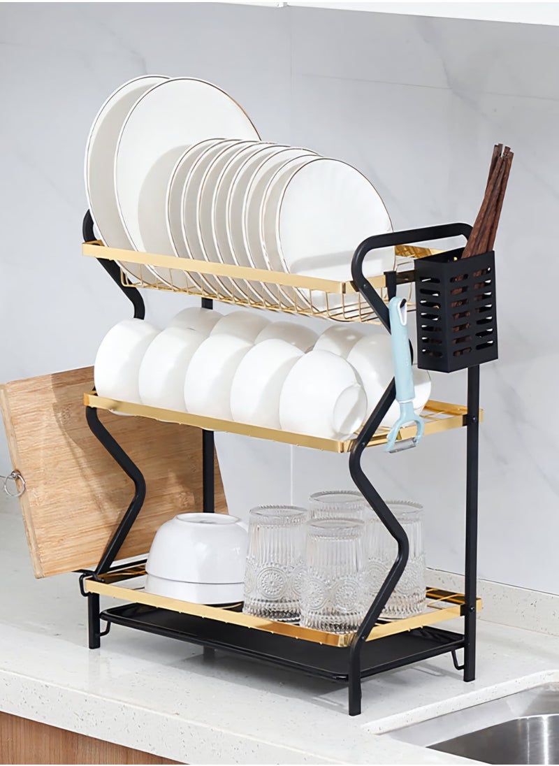 Generic Dish Drying Rack, 3-Tier Dish Rack Set, Dish Rack with Water Drainer and Knife Holder, Kitchen Drainer for Cutting Board Holder Dish Drying Rack for Countertop (3-Tier Black+Gold)  - Image 1