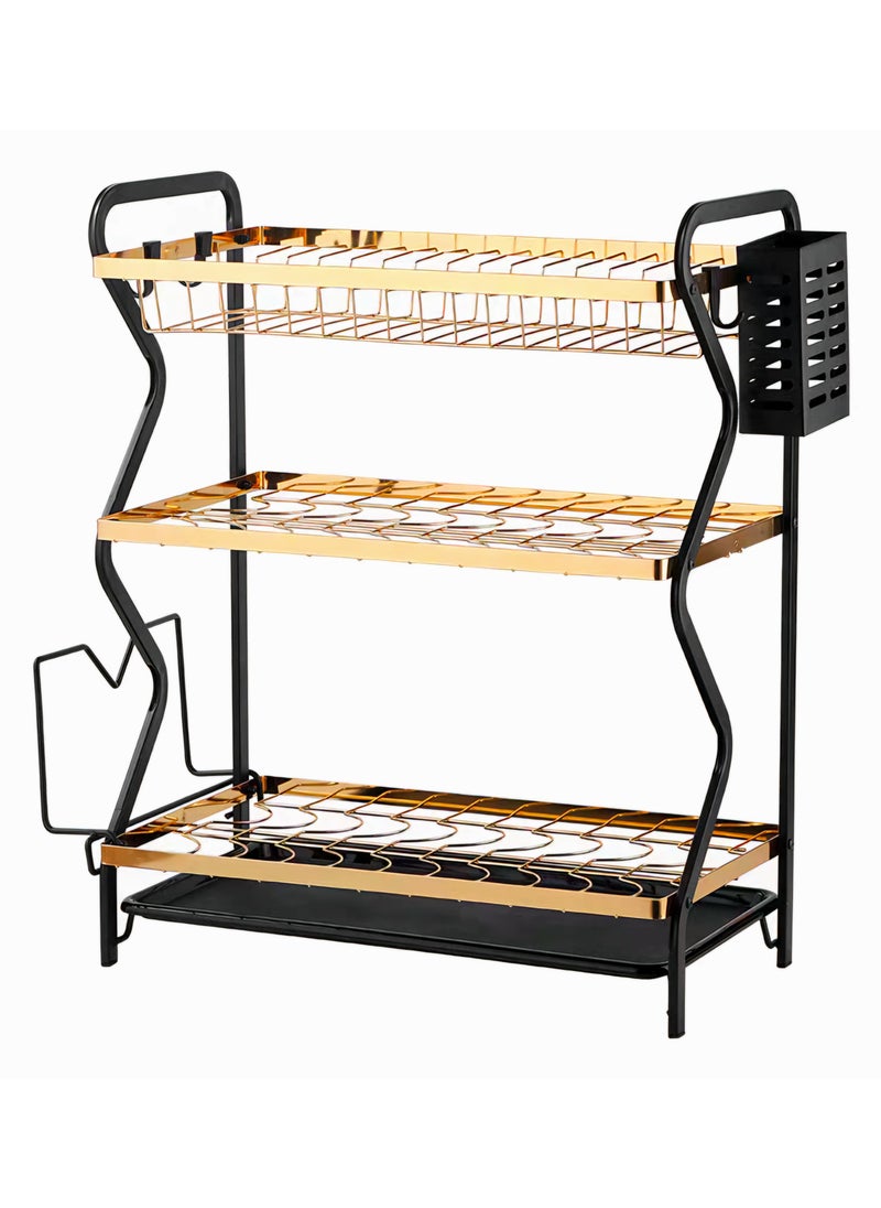 Generic Dish Drying Rack, 3-Tier Dish Rack Set, Dish Rack with Water Drainer and Knife Holder, Kitchen Drainer for Cutting Board Holder Dish Drying Rack for Countertop (3-Tier Black+Gold)  - Image 2