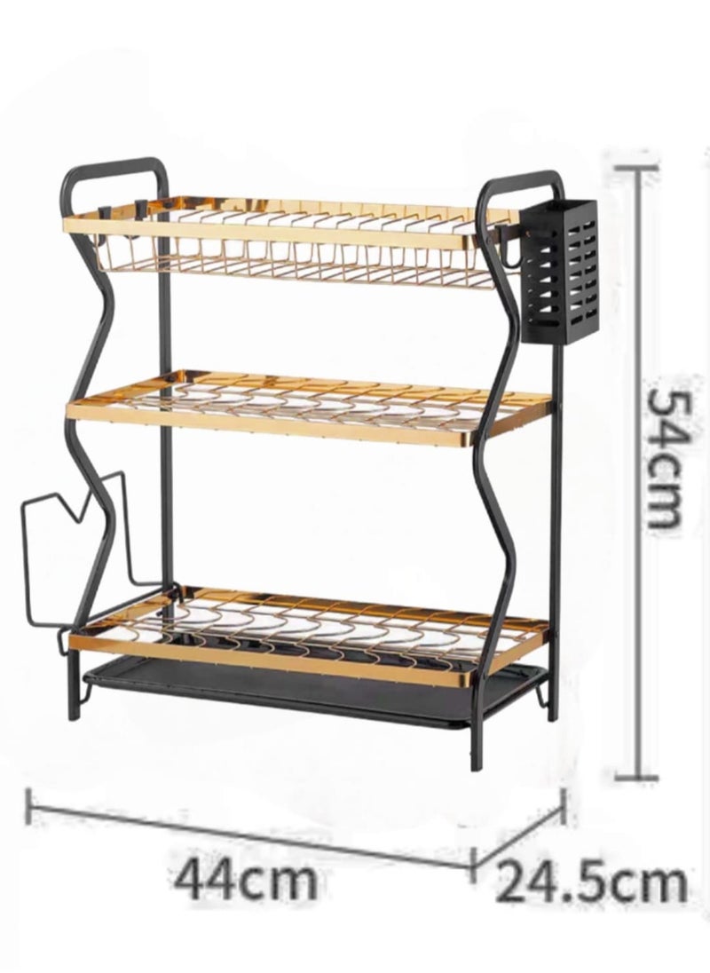 Generic Dish Drying Rack, 3-Tier Dish Rack Set, Dish Rack with Water Drainer and Knife Holder, Kitchen Drainer for Cutting Board Holder Dish Drying Rack for Countertop (3-Tier Black+Gold)  - Image 3