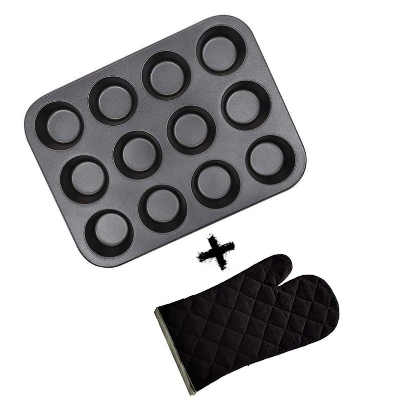 TAGROCK Carbon Steel NonStick Bakeware Muffin and Cupcake Pan Tray 12Cup with Oven Gloves - Image 1