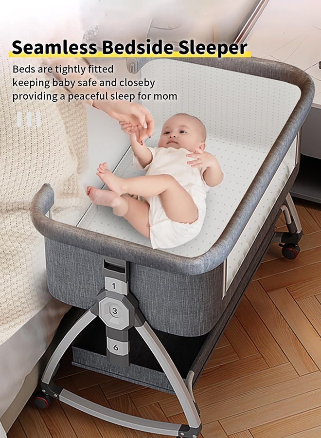 والالا سرير أطفال، سرير أطفال بجانب السرير، سرير أطفال محمول 4 في 1 مع عجلات وناموسية ومرتبة وسلة تخزين، سرير أطفال مع محطة تغيير، سرير أطفال هزاز قابل للتعديل بـ 6 ارتفاعات للمولود الجديد (رمادي أبيض) - Image 2