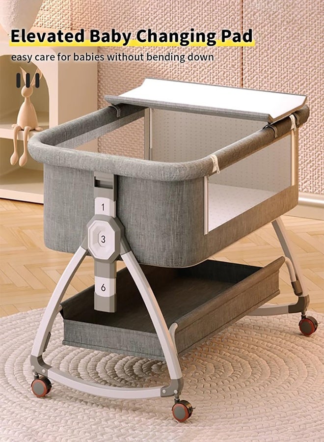 والالا سرير أطفال، سرير أطفال بجانب السرير، سرير أطفال محمول 4 في 1 مع عجلات وناموسية ومرتبة وسلة تخزين، سرير أطفال مع محطة تغيير، سرير أطفال هزاز قابل للتعديل بـ 6 ارتفاعات للمولود الجديد (رمادي أبيض) - Image 3