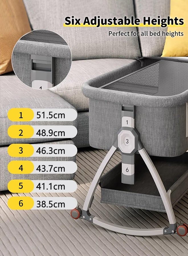 والالا سرير أطفال، سرير أطفال بجانب السرير، سرير أطفال محمول 4 في 1 مع عجلات وناموسية ومرتبة وسلة تخزين، سرير أطفال مع محطة تغيير، سرير أطفال هزاز قابل للتعديل بـ 6 ارتفاعات للمولود الجديد (رمادي أبيض) - Image 4