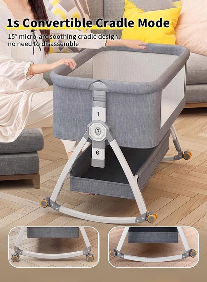والالا سرير أطفال، سرير أطفال بجانب السرير، سرير أطفال محمول 4 في 1 مع عجلات وناموسية ومرتبة وسلة تخزين، سرير أطفال مع محطة تغيير، سرير أطفال هزاز قابل للتعديل بـ 6 ارتفاعات للمولود الجديد (رمادي أبيض) - Image 5