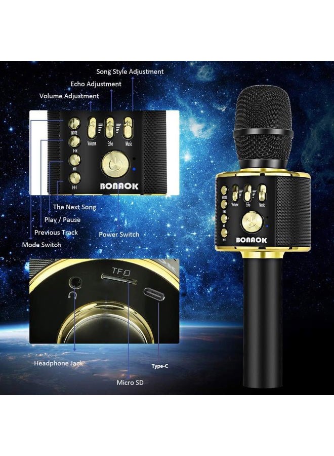 BONAOK Wireless Bluetooth Karaoke Microphone3-in-1 Portable Handheld karaoke Mic Speaker Machine Christmas Birthday Home Party for Android/iPhone/PC or All Smartphone(Q37 Black Gold) - Image 5