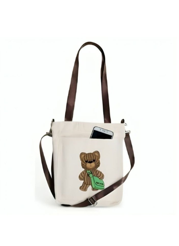 Generic Tote Bag with 2 Straps and an External Pocket in the Shape of a Teddy Bear (Beige) 