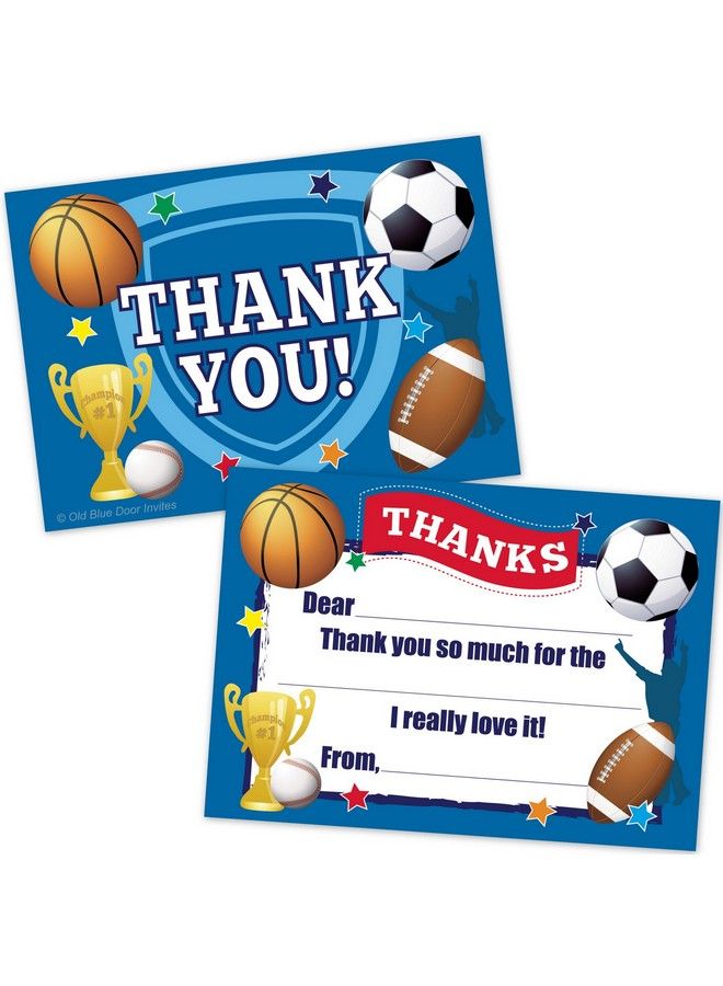 Old Blue Door Invites Sports Kids Fill In Thank You Cards Football Basketball Baseball Soccer Theme (20 Count With Envelopes) - Image 2