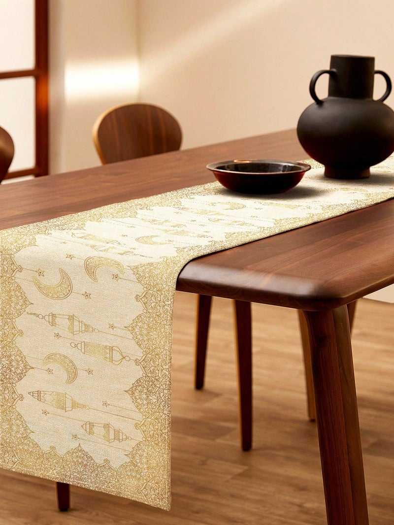 زينه رمضان مفرش طاولة مزخرف بنقوش فانوس وهلال بطابع رمضاني أنيق مقاس 183×33 سم لتزيين طاولات الطعام – زينه رمضان للمنازل و الحفلات - Image 3