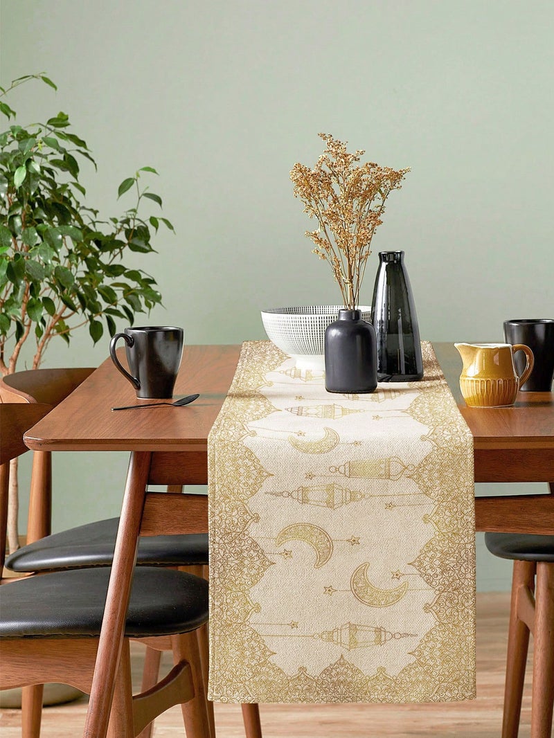 زينه رمضان مفرش طاولة مزخرف بنقوش فانوس وهلال بطابع رمضاني أنيق مقاس 183×33 سم لتزيين طاولات الطعام – زينه رمضان للمنازل و الحفلات - Image 2