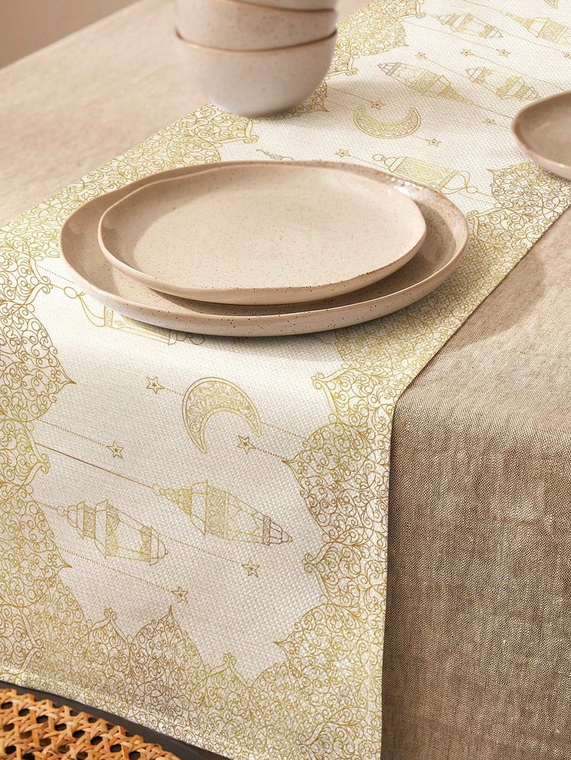 زينه رمضان مفرش طاولة مزخرف بنقوش فانوس وهلال بطابع رمضاني أنيق مقاس 183×33 سم لتزيين طاولات الطعام – زينه رمضان للمنازل و الحفلات - Image 5