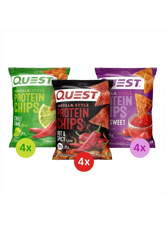 Quest Nutrition Tortilla Style Protein Chips Variety Pack, Chili Lime, Hot & Spicy, & Spicy Sweet Chili, 12 Count (3 Each Flavor) - Image 1