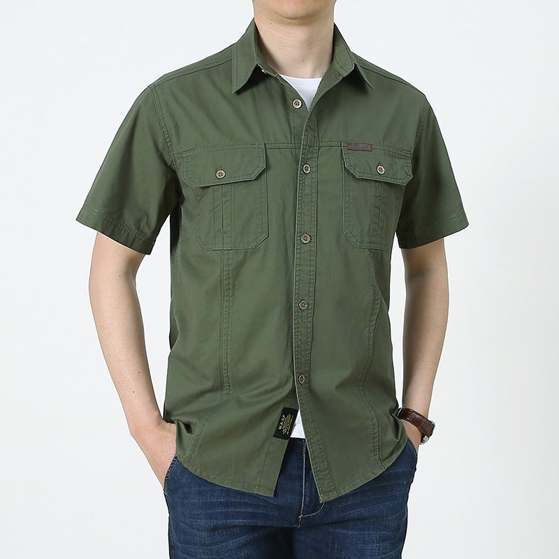 95 Cotton Mens Oxford Spinning Shirt Mens Short-sleeved Summer Thin Clothes Tactical Military Fan Workwear Casual Shirt Mens Army Green  - Image 1