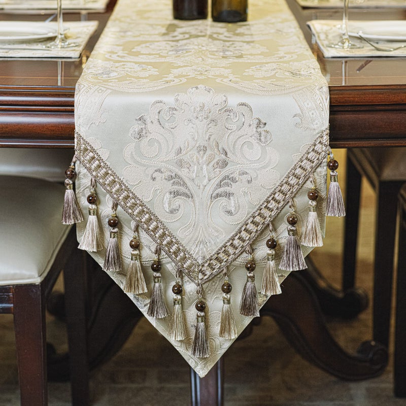 Loom and Mill Luxury Table Runner 90 Inches Long Floral Jacquard Damask Dining Table Runner with MultiTassels for Dining Room Dresser Party Banquet Holiday DecorationsLight Apricot 1390 inch