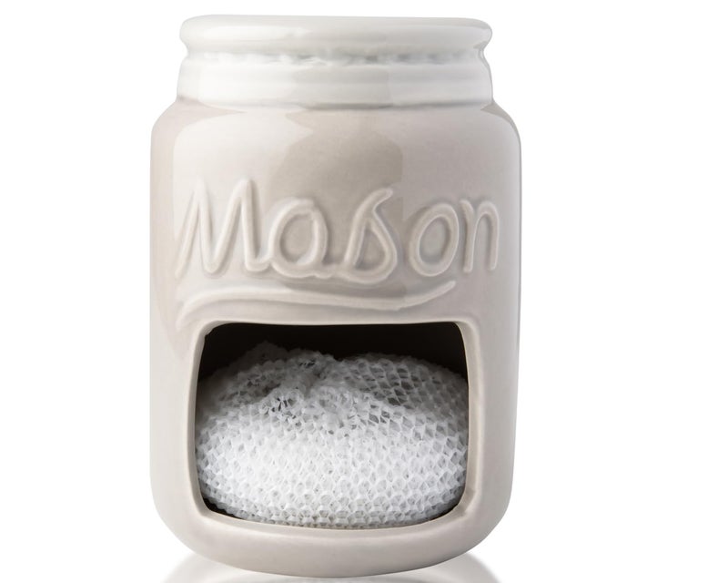 حامل إسفنجة المطبخ الخزفي من كومفي  طراز المزرعة  حاملة حوض المطبخ على شكل جرة ميسون  إكسسوار مطبخ زخرفي  ديكور حوض ريفي  يتضمن إسفنجة مجانية  رمادي