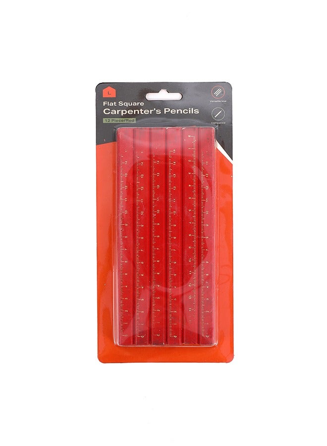 LAWAZIM Red Flat Square Carpenter's Pencils Set - 12 Piece - Durable Non-Rolling Marking Pencils for Construction, Woodworking, & DIY Projects, Thick Solid Graphite Lead for Clear and Precise Marking - Image 1