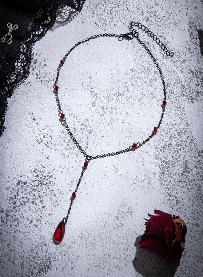 Hremhoo Black Necklace for Women Gothic Y Necklace Retro Black Red Crystal Bead Teardrop Necklace Goth Necklace Punk Choker Necklace Halloween Black Necklace for Women (Halloween Black Necklace-C) - Image 3