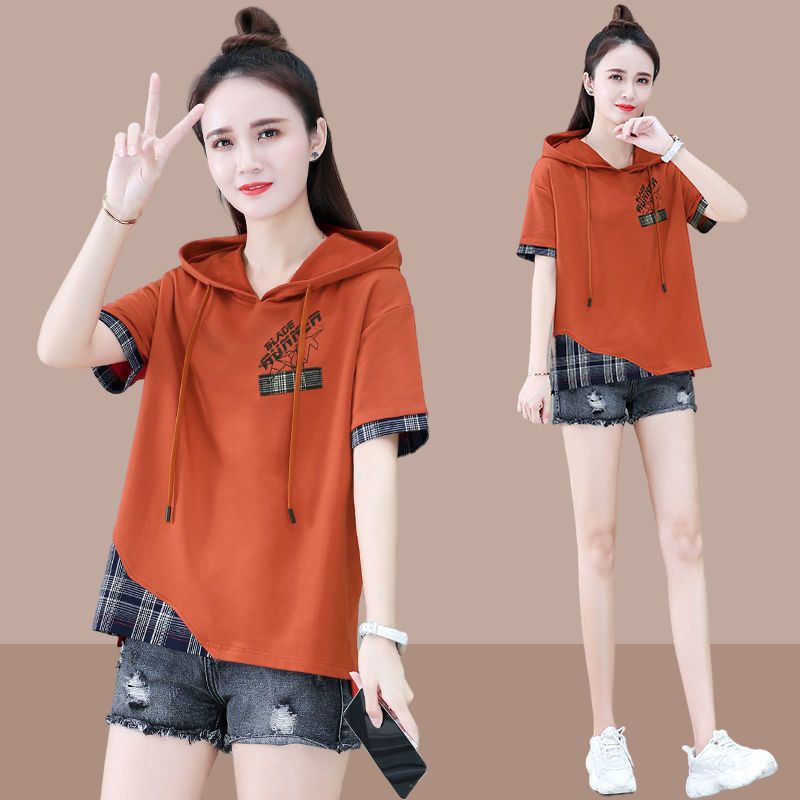 Short-Sleeved T-Shirt Women'S 2025 Style Chubby Sister'S Casual Loose All-Match Elegant Fake Two-Piece Hooded Short-Sleeved Women - Image 2