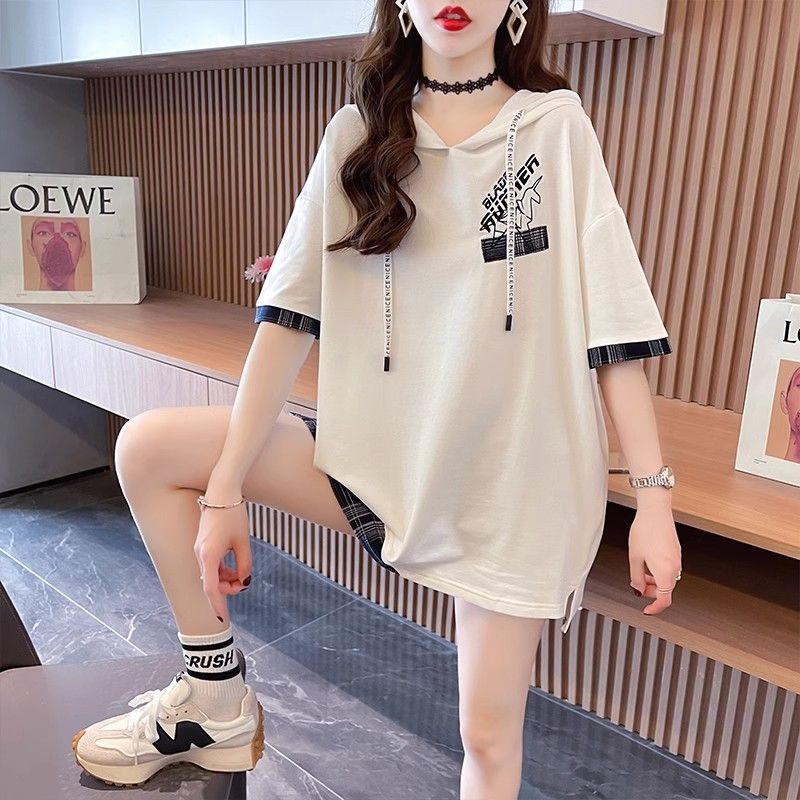 Short-Sleeved T-Shirt Women'S 2025 Style Chubby Sister'S Casual Loose All-Match Elegant Fake Two-Piece Hooded Short-Sleeved Women - Image 4