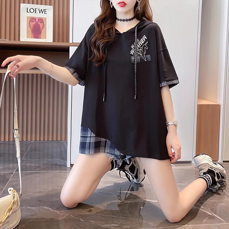 Short-Sleeved T-Shirt Women'S 2025 Style Chubby Sister'S Casual Loose All-Match Elegant Fake Two-Piece Hooded Short-Sleeved Women - Image 3