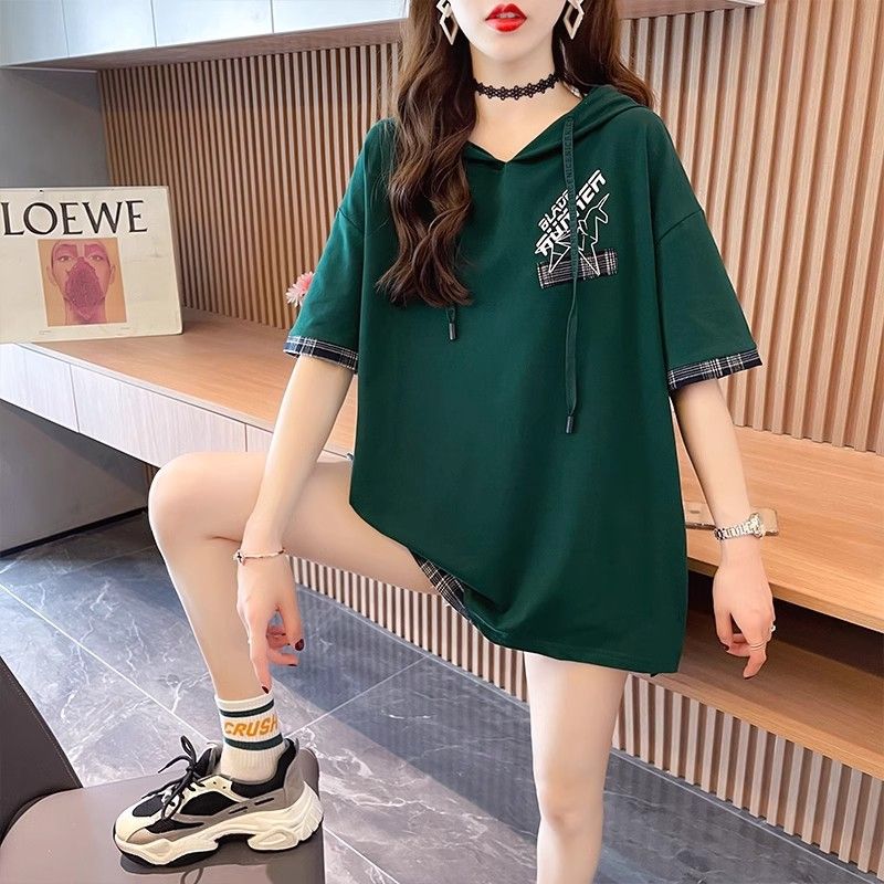 Short-Sleeved T-Shirt Women'S 2025 Style Chubby Sister'S Casual Loose All-Match Elegant Fake Two-Piece Hooded Short-Sleeved Women - Image 5