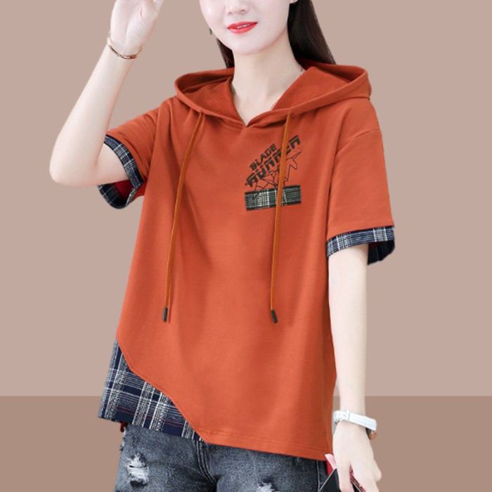 Short-Sleeved T-Shirt Women'S 2025 Style Chubby Sister'S Casual Loose All-Match Elegant Fake Two-Piece Hooded Short-Sleeved Women - Image 1