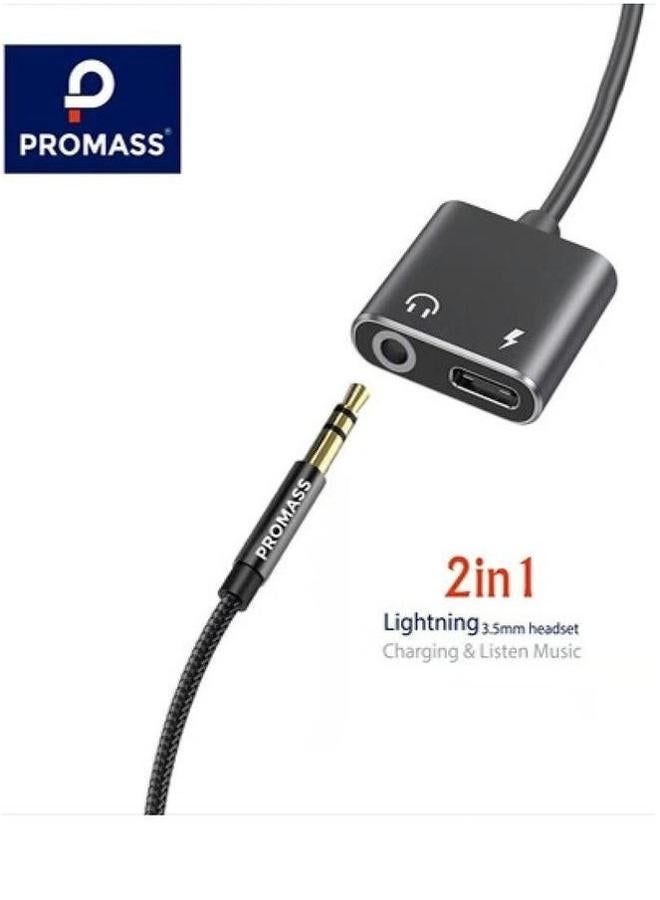 بروماس كابل شحن ومقبس سماعة أذن مقاس 3.5 ملم 2 في 1 من Promass متوافق مع iPhone - Image 2