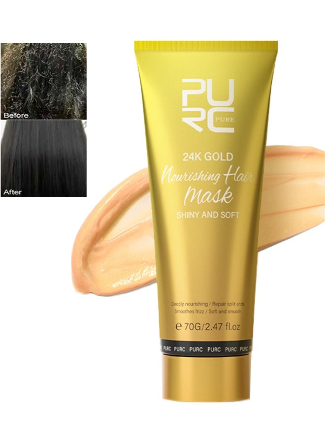 PURC 24k Gold Nourishing Hair Mask,Deeply Nourishing Repair Split Ends Soft and Smooths Frizz Hair Treatment Mask for Dry and Damaged Hair Moisturizing Nourishes Protect Keratin Hair Cream 70g - Image 1