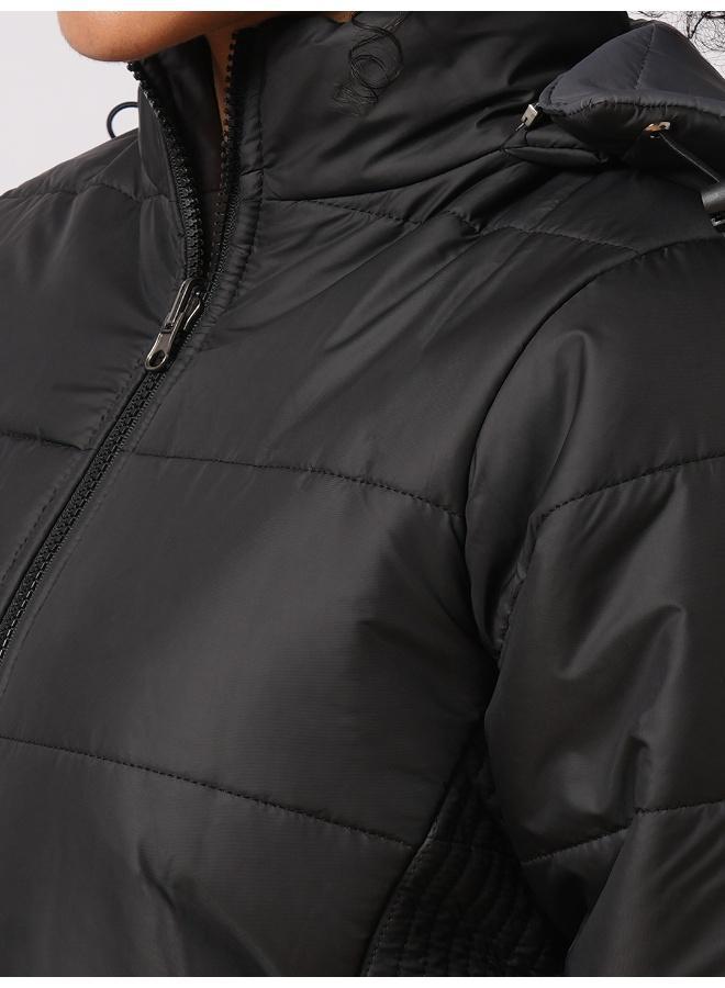 Globus Women Black Mock Neck Front Zip Closure Reversible Winter Wear Puffer Jacket With Detachable Hoodie - Image 5
