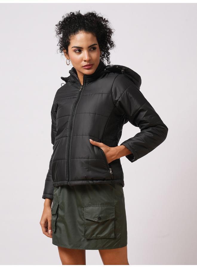 Globus Women Black Mock Neck Front Zip Closure Reversible Winter Wear Puffer Jacket With Detachable Hoodie - Image 3