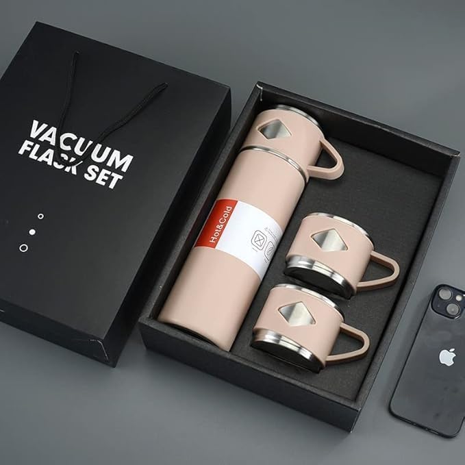 EXPORTTANZA Double Wall Stainless Steel Thermo 500ml Vacuum Insulated Bottle Water Flask Gift Set with Two Cups Hot Cold Assorted Color Diwali Gifts for Employees Corporate Gift Items