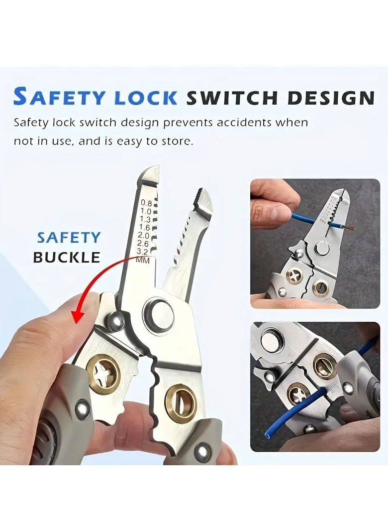 Heavy-Duty Stainless Steel Pliers & Wire Stripper - Multi-Function Electrician's Tool for Cutting, Stripping, Crimping, Clamping, Twisting, and Nail Pulling - Ideal for Home DIY, Metal Structures, and Power Workers