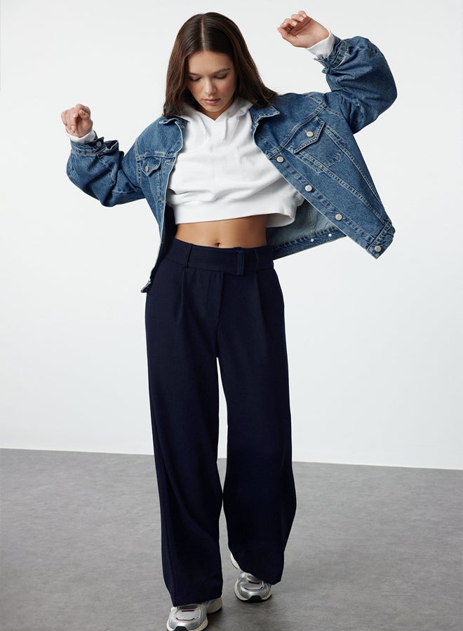 trendyol Navy Blue Waist Detailed Straight Cut Woven Fabric Trousers TWOAW25PL00038 - Image 1