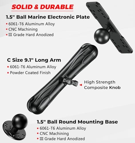 VAZESWIN Aluminum Alloy Fish Finder Mount with C Size 1.5" Ball Rectangle Plate & Round Base, 9.1" Long Arm Marine Electronic Mount Compatible with Garmin, Lowrance, Humminbird, Raymarine and More - Image 2