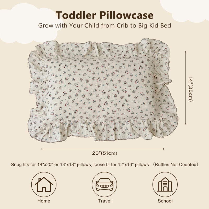 BuLuTu Cute Floral Print Pillowcases for Toddler Girls Boys, 14"x20", 1 pc, 2 Layers Muslin Cotton Pillow Cases for Crib Toddler Bed Pillow Cover, Envelope Closure, Machine Washable - Image 2