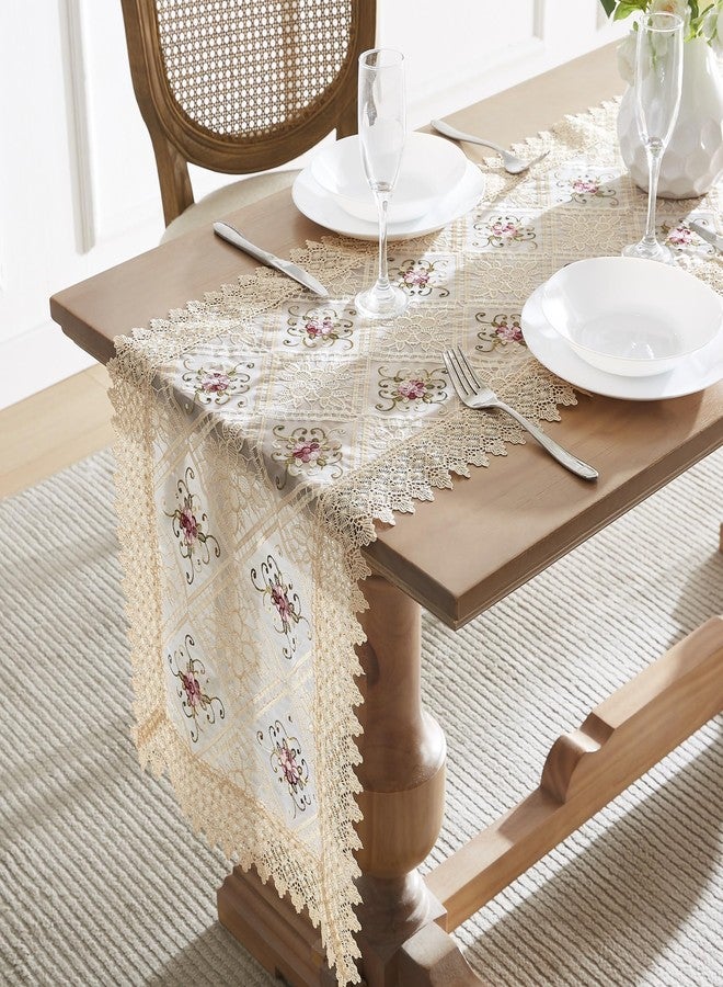 LINENZONE Gold Farmhouse Table Runner, Macrame with Flower Design. Perfect for Small Tables - 16 x 36 Inch, Dining, Dresser, Coffee Table (Viola 16 x 36, Linen) - Image 2