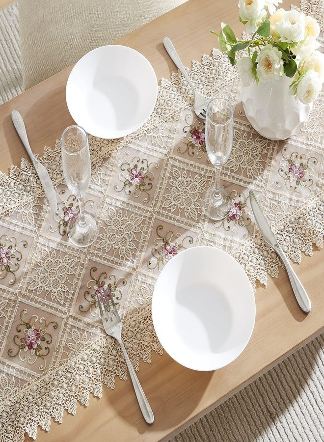 LINENZONE Gold Farmhouse Table Runner, Macrame with Flower Design. Perfect for Small Tables - 16 x 36 Inch, Dining, Dresser, Coffee Table (Viola 16 x 36, Linen) - Image 1