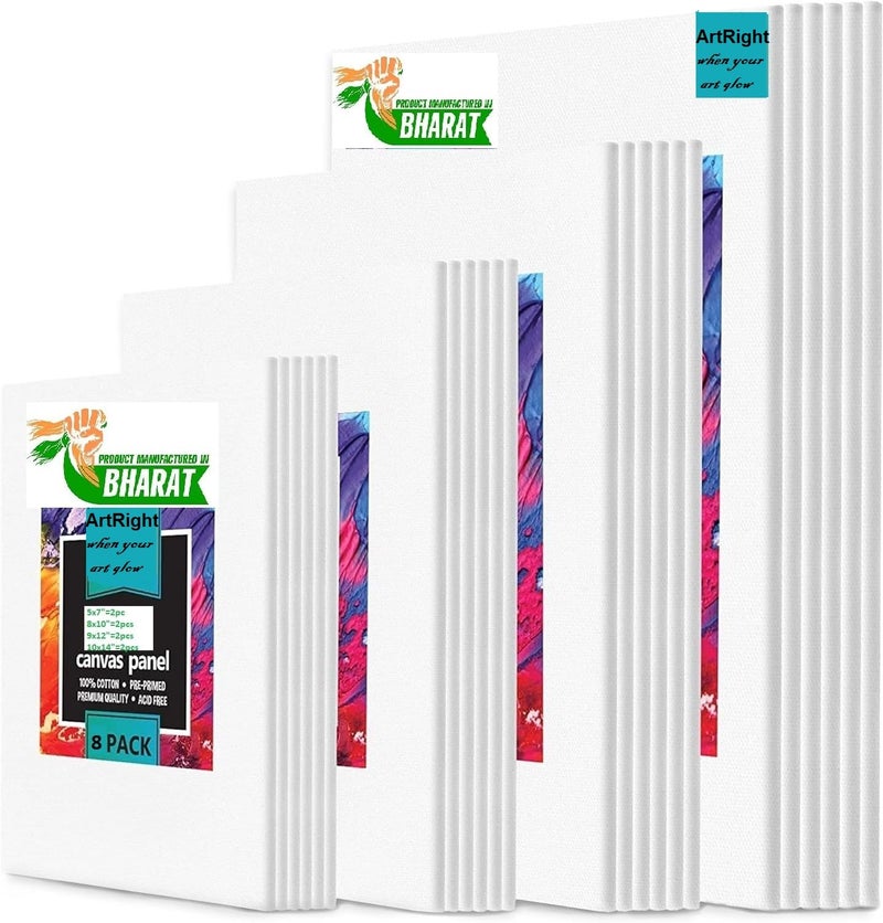 ArtRight Cotton Canvas Board for Oil Acrylic Painting Set (2X(5x7, 8x10, 9x12, 10x14) Multi Pack, Primed White Blank- Artist Canvas Boards for Painting, ((Total 8 PC (2X(5x7, 8x10, 9x12, 10x14))) - Image 1
