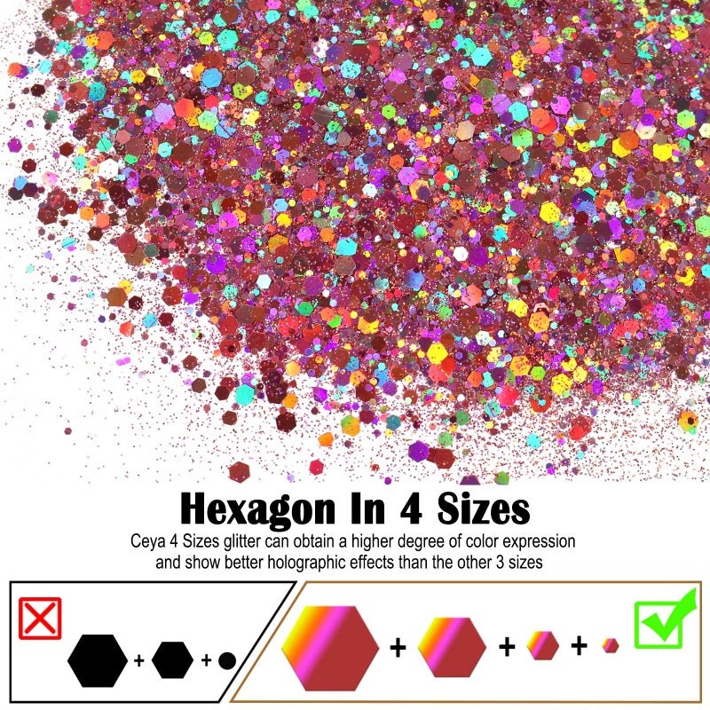 Ceya Holographic Chunky Glitter, 4.9oz/ 140g Pink Mauve Craft Glitter Powder Mixed Fine Flakes Iridescent Nail Sequins for Roses Nail Art, Hair, Epoxy Resin, Tumblers, Slime, Painting, Festival Decor - Image 2