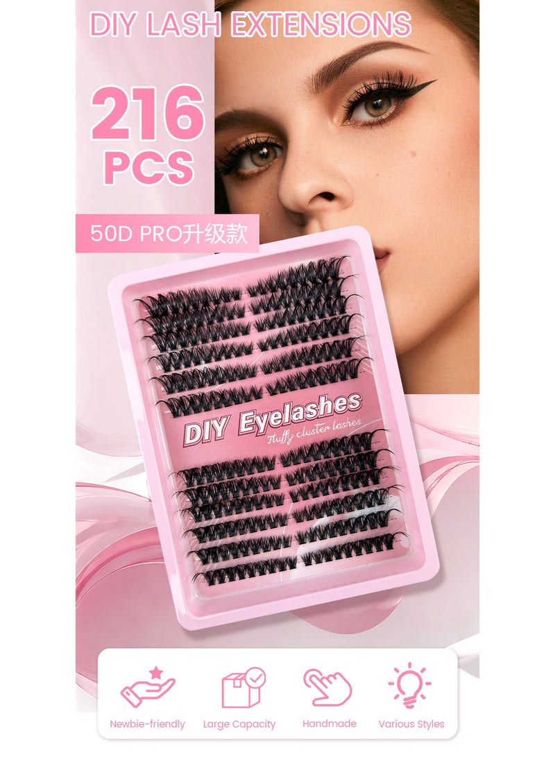 216 Clusters New DIY False Eyelashes, 80D High-Capacity D-Curl Messy Voluminous Style (8-16mm) - Image 1