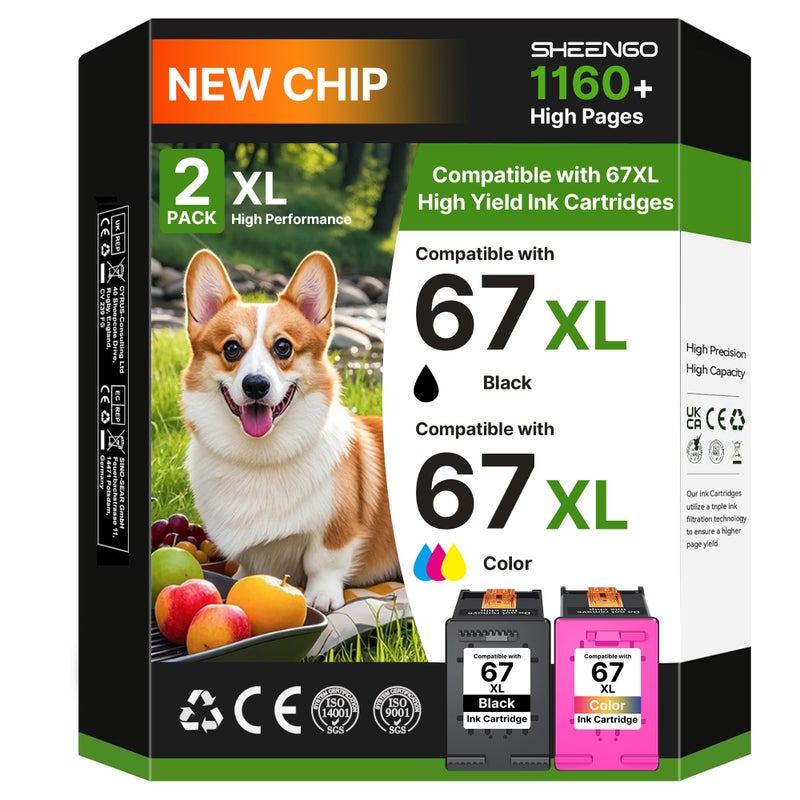 SHEENGO 67XL Ink Cartridges Black/Color Combo Pack | Replacement for HP Ink 67 67XL Printer Ink | Use for HP DeskJet 2855e 2827e 2700 4155 4155e 2752e 2755 2755e Envy 6055 6055e 6455e (Black, Color, 2-Pack) - Image 1