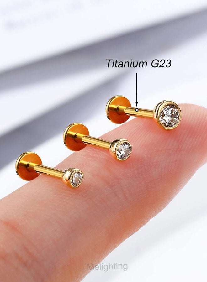 Melighting 14K Solid Gold Flat Back Earrings, Titanium Threadless Earrings for Women, 16G Gold Tragus Helix Piercing Jewelry, Conch Earrings Labret Jewelry for Women, Metal, Cubic Zirconia - Image 2