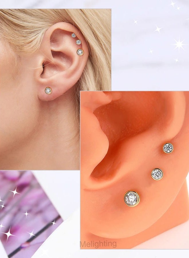 Melighting 14K Solid Gold Flat Back Earrings, Titanium Threadless Earrings for Women, 16G Gold Tragus Helix Piercing Jewelry, Conch Earrings Labret Jewelry for Women, Metal, Cubic Zirconia - Image 4
